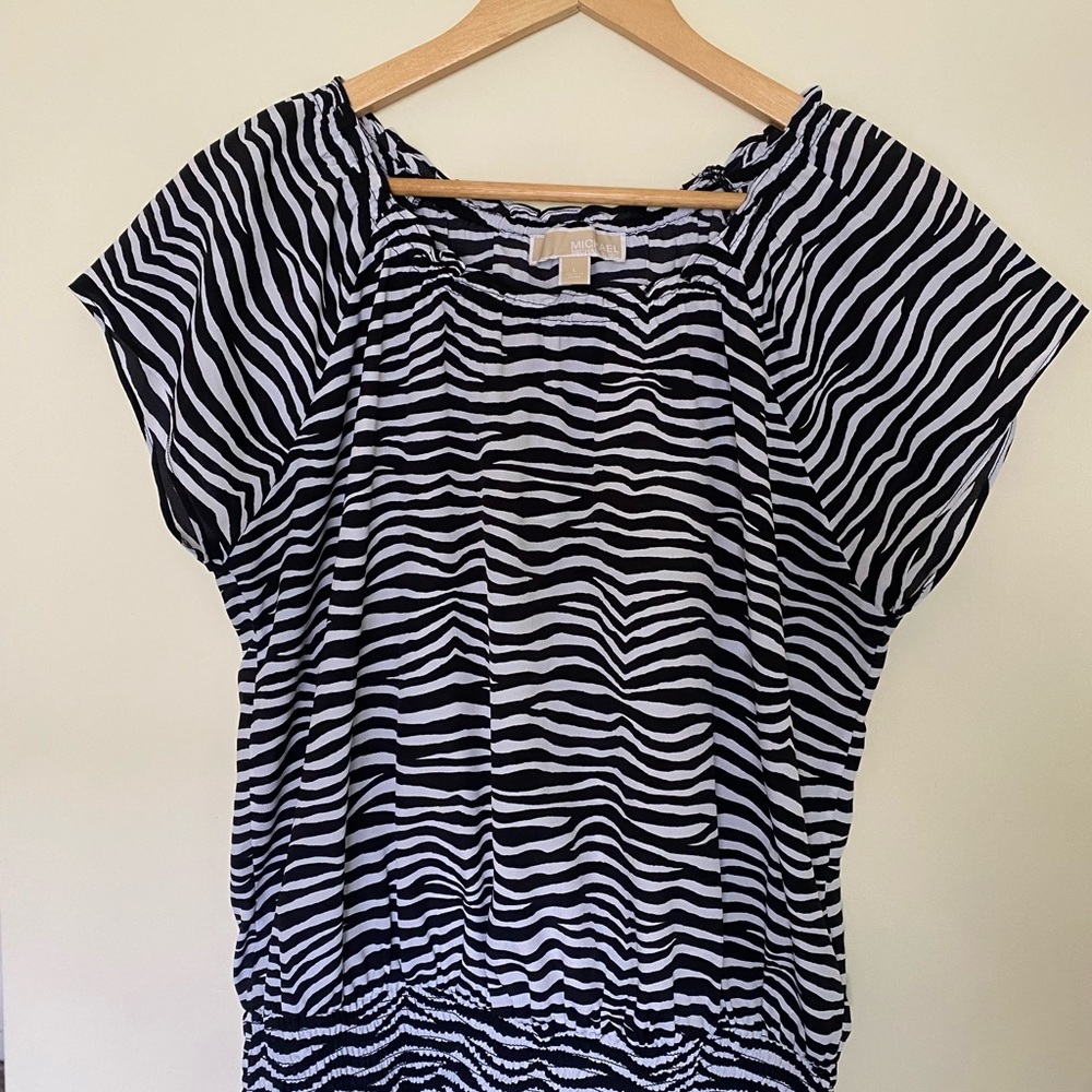 Michael Kors Top Women’s‎ Large Zebra Print Round Neck short Sleeve Gathered Hem